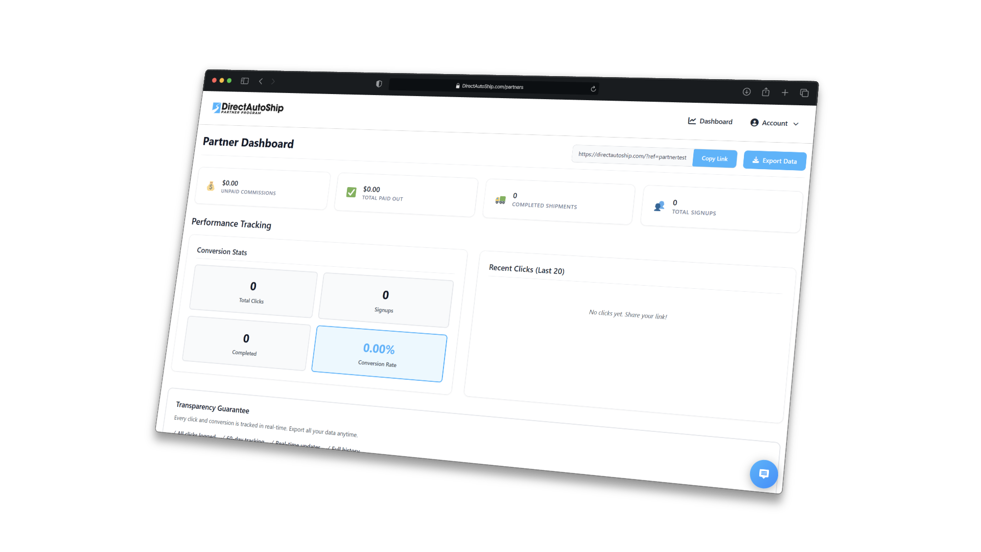 Partner Dashboard showing performance tracking and conversion statistics