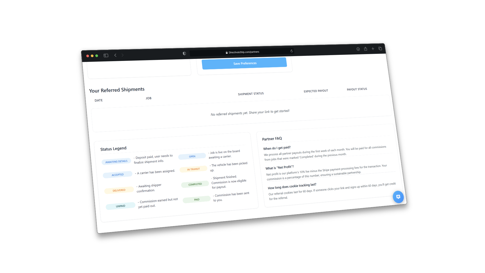 Partner Dashboard showing referred shipments and commission tracking